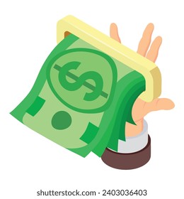 Cashing out icon isometric vector. Human hand and stack of dollar banknote icon. Financial concept, cash, money