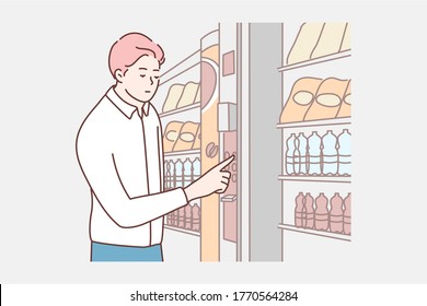 Cashless card payment concept. Young businessman boy clerk manager cartoon character customer buying food drinks at electronic vending machine. NFC service, contactless pay technologies illustration.