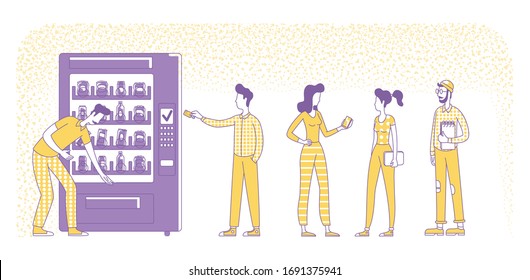Cashless card payment flat silhouette vector illustration. People buying drinks at vending machine outline characters on white background. NFC service, pay technology simple style drawing