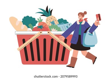 Cashless grocery shopping in flat style illustration. Woman holding shopping bags and credit card with a large groceries basket behind her