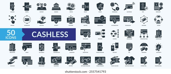 Cashless icon collection set with integration, security, platform, verification, encryption