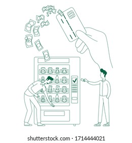 Cashless micropayment thin line concept vector illustration. People and vending machine 2D cartoon characters for web design. NFC pay system, money transfer, e-payment creative idea