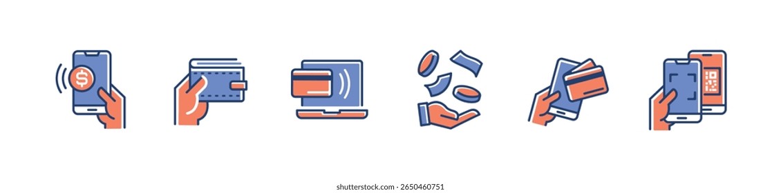 cashless mobile payment icon line set online wallet pos hand holding phone purchase transaction signs vector illustration business financial digital transfer money symbol design