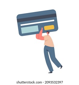 Cashless Money Payment, Total Sale and Discount Concept. Tiny Female Character Holding Huge Credit Card. Happy Woman Shopping, Price Off Promo, Online Transaction. Cartoon Flat Vector Illustration