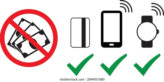 Cashless - No cash, only card, mobile phone and smart watch payment option sign. Simple and easily understandable vector sign symbol icon. Money payment theme.