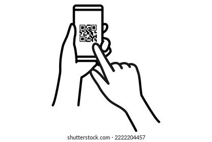 Cashless, online payments, hands holding a smartphone with QR codes on the screen