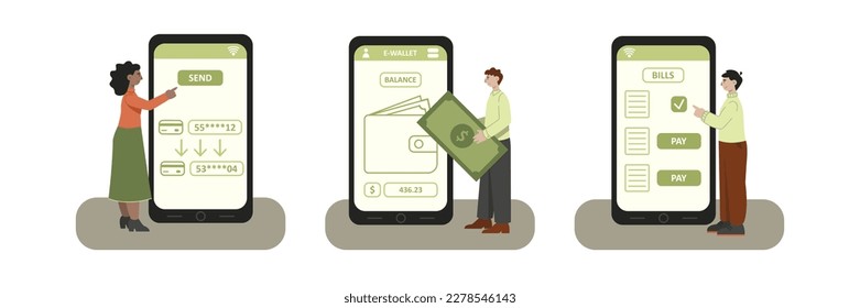 Operaciones sin efectivo en smartphones, comercio electrónico. Gente enviando dinero con tarjeta, revisando el saldo y pagando facturas. Banca móvil. Gráfico vectorial de conjunto de colores, colección de arte plano, ilustración de dibujos animados