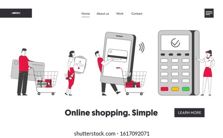 Cashless Paying Website Landing Page. Customers Stand in Queue in Supermarket Prepare Credit Card, Smart Watch and Smartphone at Pos Terminal Web Page Banner. Cartoon Flat Vector Illustration Line Art