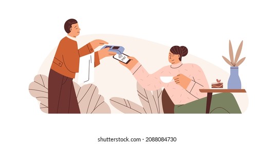 Cashless payment by mobile phone in cafe. Customer paying for coffee with smartphone, using contactless wireless POS-terminal and NFC technology. Flat vector illustration isolated on white background