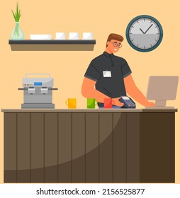 Cashless payment by mobile phone in cafe. Contactless, wireless payment, digital banking concept. Paying for coffee with smartphone, using contactless wireless POS-terminal and NFC technology