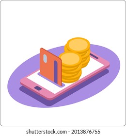 Cashless payment. Cash withdrawal from the card. Transfer of cash to the card. Popular flat colors. 3d isometric vector illustration.