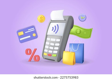 Cashless payment concept 3D illustration. Icon composition with cashless payment machine with check, money, credit card, discount percent and shopping bags. Vector illustration for modern web design