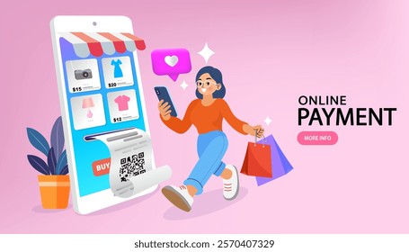 Cashless payment. Customer use mobile cashless payment system or scan qr code. Hand paying with POS terminals and NFC technology. Woman pays with smartphone in store. flat vector illustration.