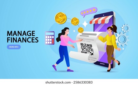 Cashless payment. Customer use mobile cashless payment system or scan qr code. Hand paying with POS terminals and NFC technology. Woman pays with smartphone in store. flat vector illustration.