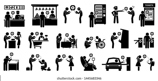 Cashless Payment With E-wallet Using Smartphone. Vector Artwork Depicts People Using Phone To Make Payment And Transfer Money.