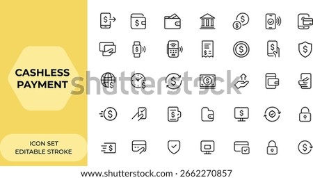 Cashless payment icon set in line style. Linear web icons collection including money transfer, ewallet, wallet, banking, credit card, transaction, cash, editable stroke, digital finance and more.
