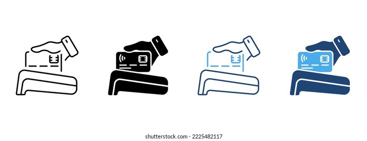 Cashless Payment Line and Silhouette Icon Set. Wireless Money Transaction on POS Pictogram. Electronic Purchase Paying by Credit Card Symbol on White Background. Isolated Vector Illustration.