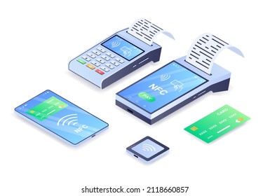 Cashless Payment Machine Abstract Concept. Contactless Payment For Purchases Using Terminal, Credit Card And Smartphone. Online Wallet Or NFS. Cartoon Contemporary Isometric Vector Illustration