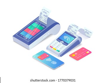 Cashless Payment machine isometric concept. 3d Contactless payment via smartphone, credit card, smart terminal with online cash desk. Success Mobile transaction NFC payments. Vector illustration