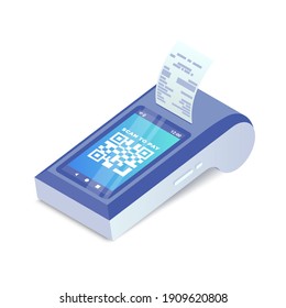 Cashless Payment machine with qr code on screen isometric concept. 3d Contactless payment, smart terminal with online cash desk. Scan to pay barcode vector concept