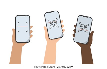 Cashless payment for online shopping. Diverse hand with smartphone scans QR code. Vector illustration.