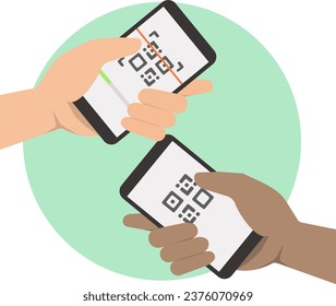 Cashless payment for online shopping. hand with smartphone scans QR code. Vector illustration.