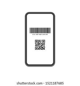 Cashless payment, Point give back 
concept. Flat design vector illustration Smartphone icon with Barcode (
code128 ) and QR code (JPQR)  on the white background.  Contactless payment ad.