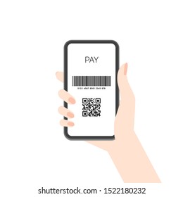 Cashless payment, Point give back 
concept. Flat design vector illustration. Woman hand holding Smartphone with Barcode (code128 ) and QR code (JPQR)  on the white background. 