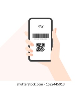 Cashless payment, Point give back 
concept. Flat design vector illustration. Woman hand holding Smartphone with Barcode (code128 ) and QR code (JPQR)  on the white background. -Long shadow