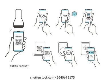 Cashless Payment and QR Code Icons with Smartphone – Vector Set