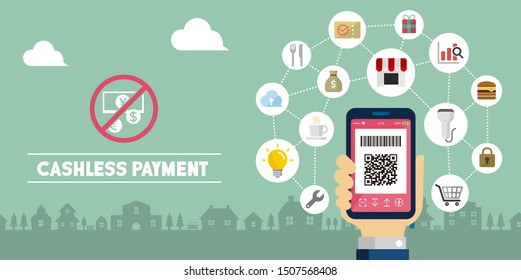 Cashless payment ( QR code payment, smartphone payment) vector banner illustration