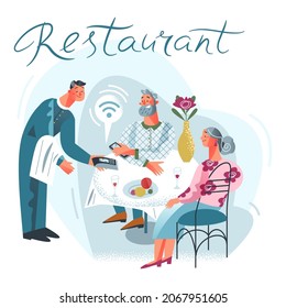 Cashless payment in restaurant vector illustration. Cartoon elderly couple people pay for order food, waiter character holding terminal pos machine. Electronic system of money transaction concept