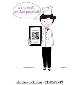 Cashless payment. Scan a QR code on smartphone to accept online payment via cellular network. Freehand drawing.