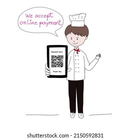 Cashless payment. Scan a QR code on smartphone to accept online payment via cellular network. Freehand drawing.