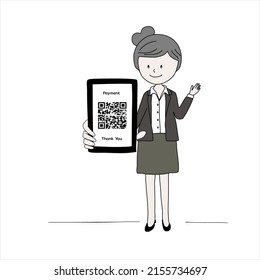 Cashless payment. Scan QR code on smartphone to make payment. Freehand drawing. 