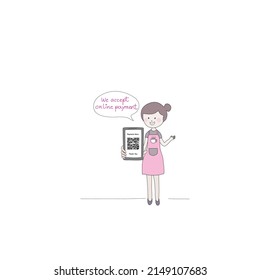 Cashless payment. Scanning a QR code on smartphone to accept payment via internet connection. Freehand drawing.