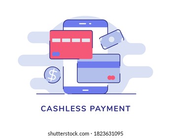 Cashless payment smartphone credit debit card bank money dollar white isolated background with flat outline style