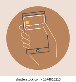 Cashless payment. Payment with smartphone icon, online mobile payment linear sign. smartphone payment. Cashless society flat design. Hand holding smartphone pay. illustrate.