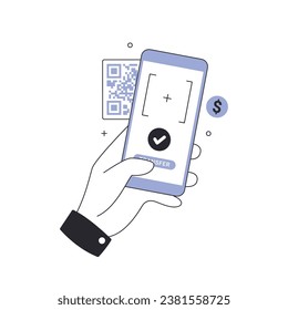 Cashless payment with smartphone scan to pay barcode. Contactless payment vector illustration. Financial technology concept