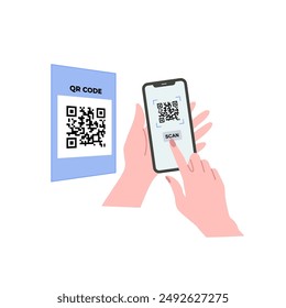 Cashless payment with smartphone scan. Pay with smartphone vector illustration. Contactless payment methods in transactions. Making payment at store using NFC technology. Paying with smartphone scan.