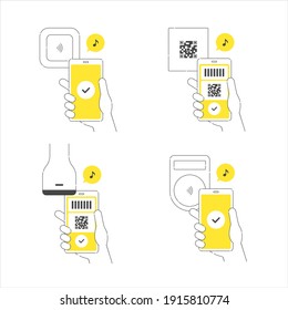 Cashless Payment with Smartphones. A set of illustrations for touch payment with electronic money.