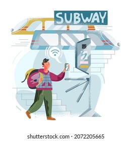 Cashless Payment In Subway Vector Illustration. Cartoon Male Passenger Character In Front Of Automatic Barrier Using Mobile Phone To Pay For Ticket, Travel In Public Transport. Eticket Service Concept