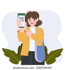 Cashless payment system. People use phone for scan and pay with qr code. Buyers paying by mobile app on smartphone via pos terminal. vector flat illustration.