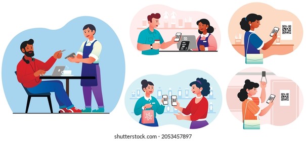 Cashless payment system set. Collection of images on which people pay with cards. Modern technology, cashless transaction, ewallet. Cartoon flat vector illustration isolated on white background