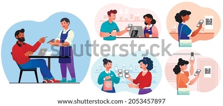 Cashless payment system set. Collection of images on which people pay with cards. Modern technology, cashless transaction, ewallet. Cartoon flat vector illustration isolated on white background