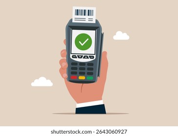 Cashless payment terminal. Card reader device printing paper bills. Flat vector illustration