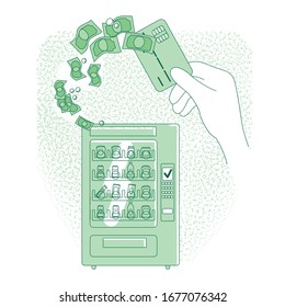 Ilustración vectorial de concepto de línea delgada sin costo. Gente comprando comida para máquinas expendedoras con caricaturas 2D sin contacto para diseño web. Idea creativa del sistema de pagos de NFC