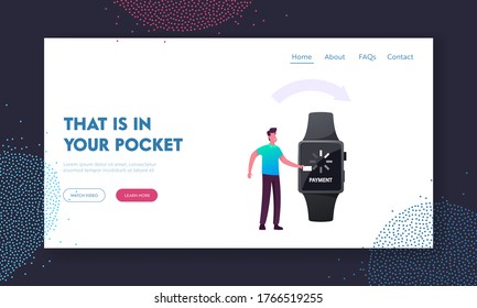 Cashless Payment Transaction Landing Page Template. Man Customer Use Smart Watch for Noncontact Paying in Supermarket. Male Character Use Electronic Shopping Technologies. Cartoon Vector Illustration