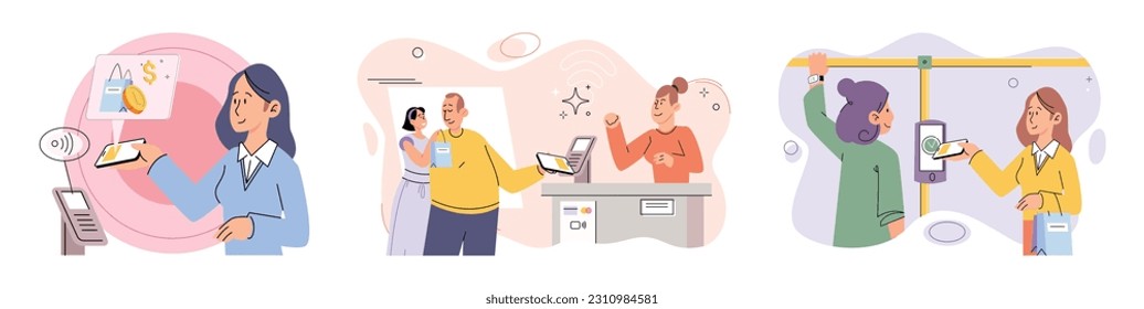 Cashless payment. Vector illustration. Contactless payment and touchless technology provide convenient and safer ways to make transactions NFC chip technology enables secure and efficient contactless