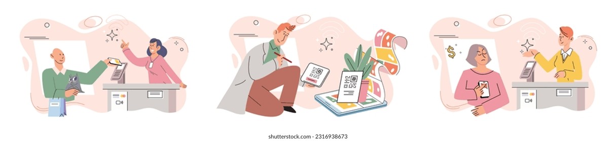 Cashless payment. Vector illustration. Contactless payments are commonly used for small everyday purchases like groceries or coffee NFC technology allows for seamless communication between devices